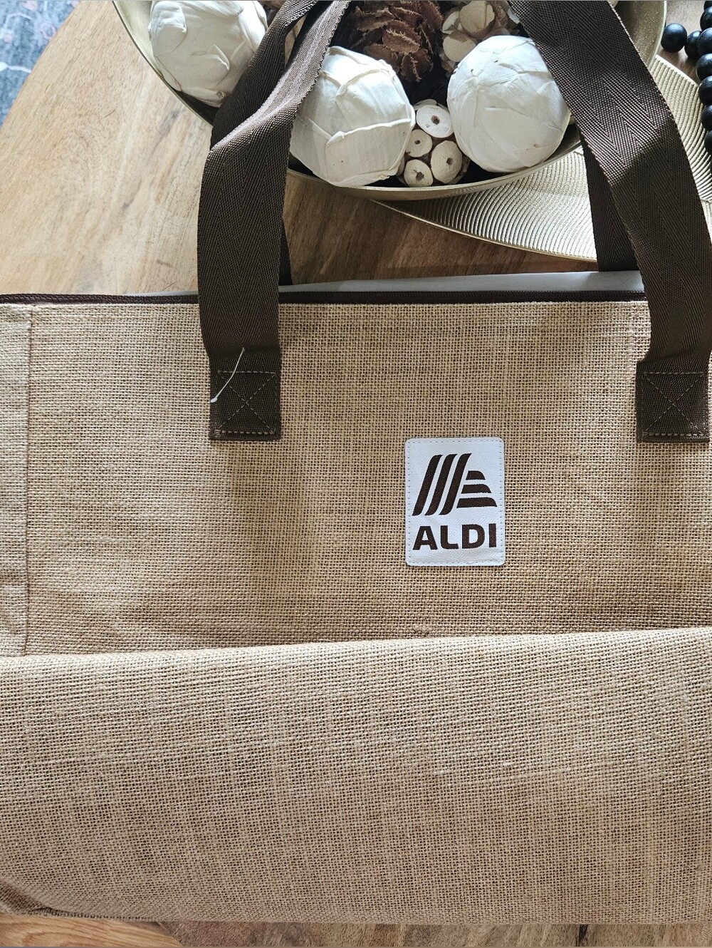 ALDI Natural Jute Tote Bag with Brown Handles